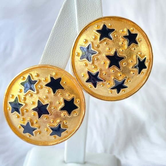 Vintage Leslie Block Earrings Huge Gold Navy Blue Star Round Clip On Earrings 19 - Picture 1 of 6